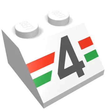 Brick Sloped 45° 2 x 2 with Black '4' over Red and Green Stripes Print