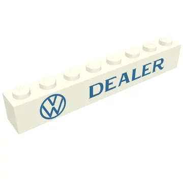 Brick 1 x 8 without Bottom Tubes with Cross Side Supports with 'VW DEALER' Large Logo, Blue Print