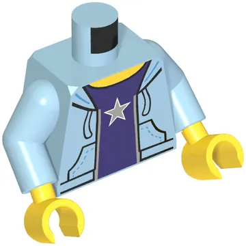Torso Hooded Sweatshirt Open with Purple Shirt, Silver Star Print, Bright Light Blue Arms, Yellow Hands