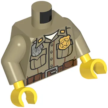 Torso Shirt Button Down with Pockets, Radio, Gold Police Badge and Dark Brown Belt Print, Dark Tan Arms, Yellow Hands