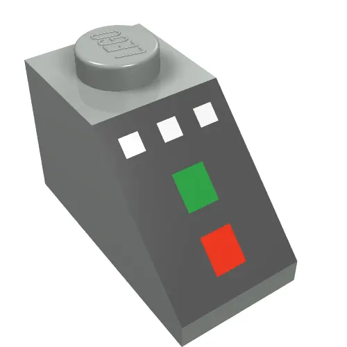 Brick Sloped 45° 2 x 1 with Bottom pin, with 3 White Buttons, Red and Green Lamps Print