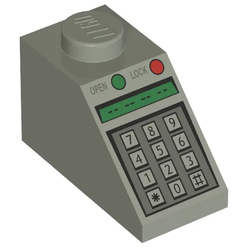 Brick Sloped 45° 2 x 1 with Bottom pin, with Green and Red Buttons and Keypad Print
