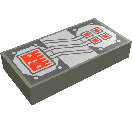 Tile 1 x 2 with Copper and White Circuitry, Red Rectangle and 4 Squares Print