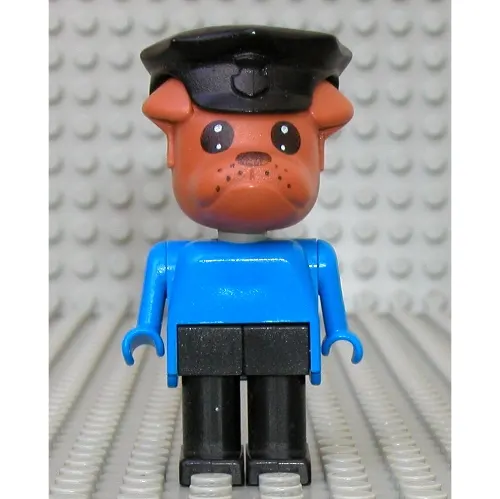 Fabuland Figure Bertie Bulldog with Brown Head, Blue Torso, Arms and Hands, Black Legs and Black Police Hat