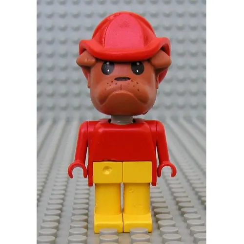 Fabuland Figure Bertie Bulldog with Brown Head, Red Torso, Arms and Hands, Yellow Legs and Red Fireman Helmet