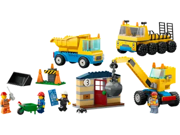 Construction Trucks and Wrecking Ball Crane