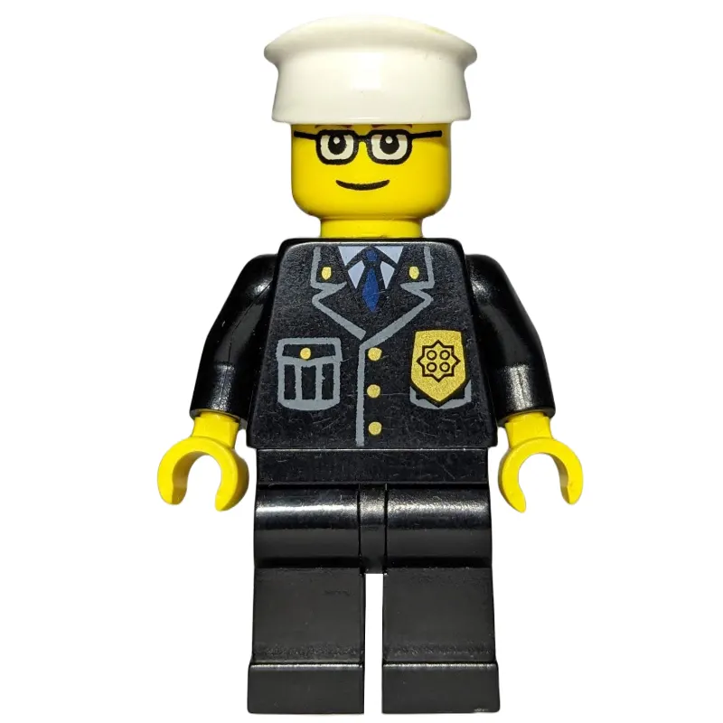 Policeman, Black Jacket with Pocket and Badge, White Hat, Glasses