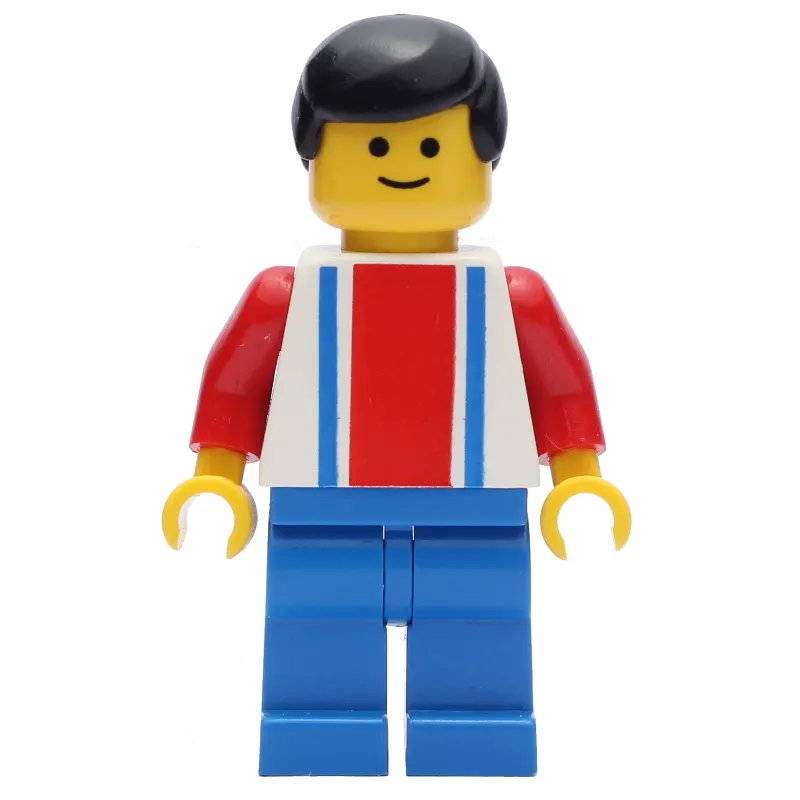Soccer Player White Torso with Blue/Red Stripes, Blue Legs, Black Hair