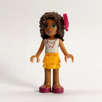 Andrea - White Top, Bright Light Orange Skirt. Magenta Bow