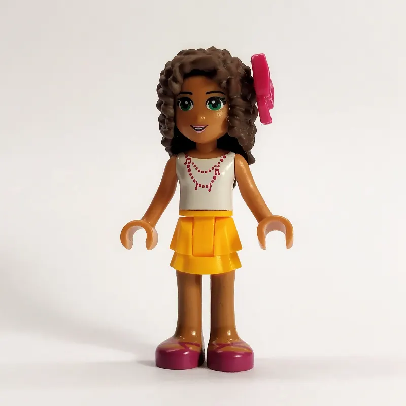 Andrea - White Top, Bright Light Orange Skirt. Magenta Bow