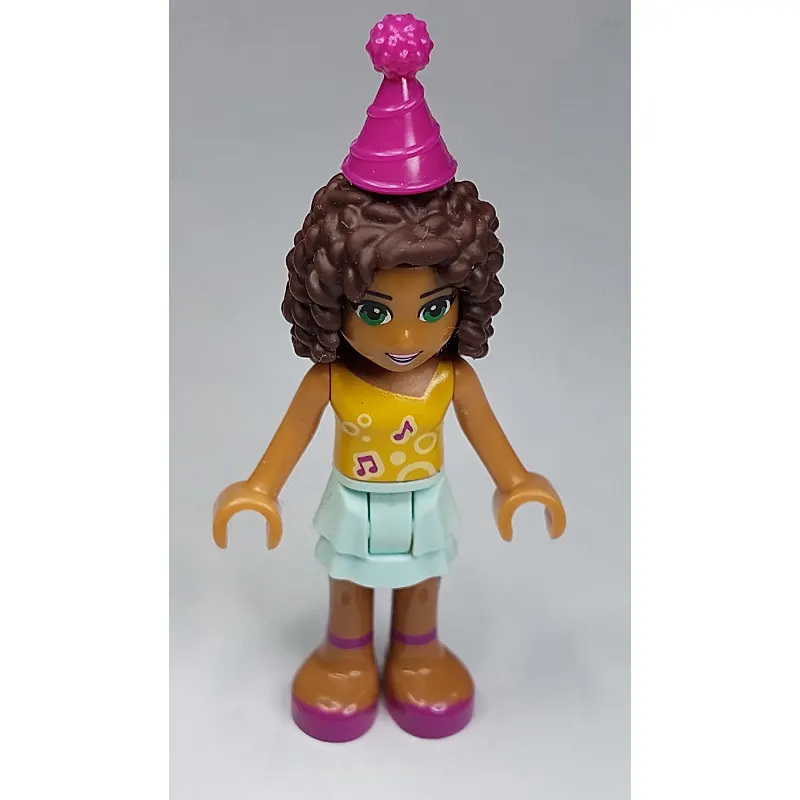 Andrea - Bright Light Orange Top, Light Aqua Skirt, Magenta Party Hat