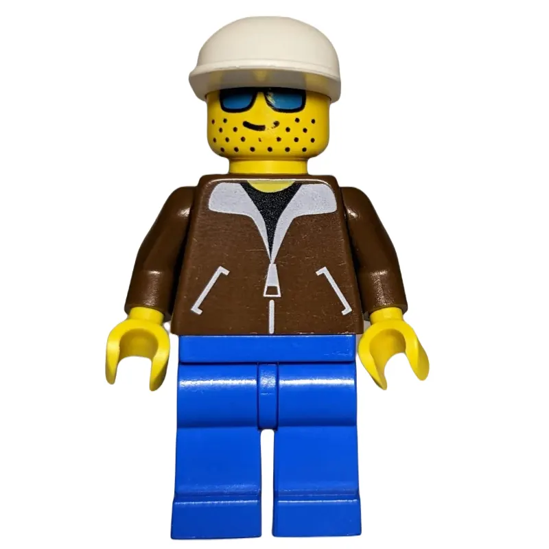 Man, Brown Jacket, Blue Legs, White Cap, Blue Sunglasses