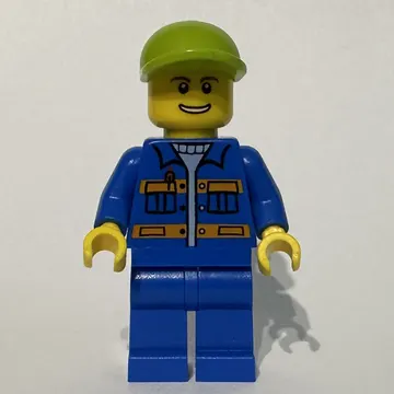 Worker, Blue Shirt with Orange Stripes and Pockets, Lime Cap