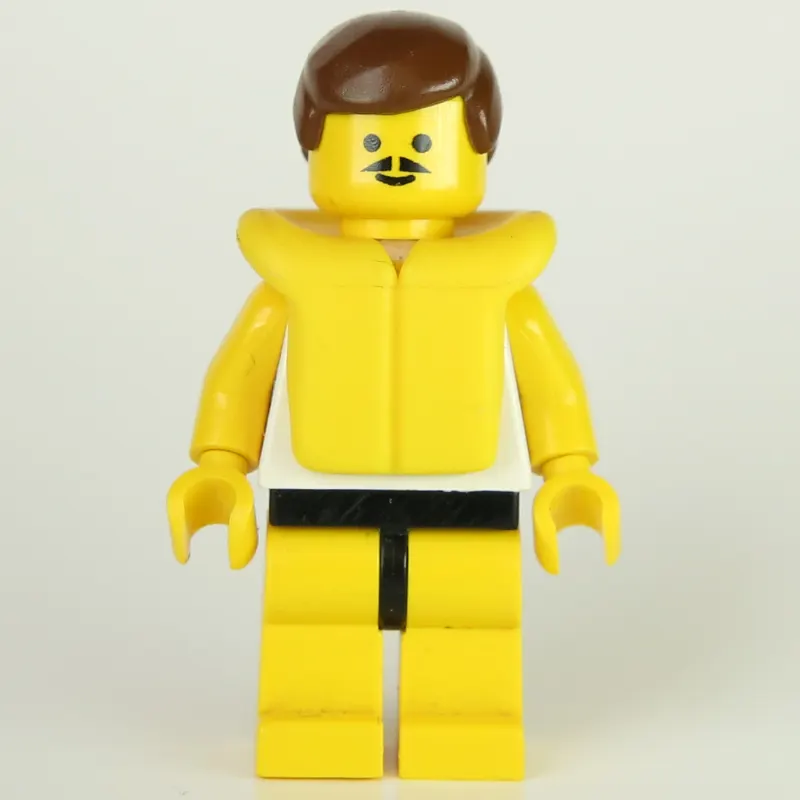Man, White Tank Top with Windsurfer, Yellow Legs, Brown Hair, Yellow Life Vest, Moustache