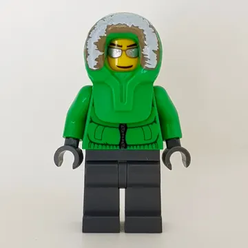 Man, Green Jacket, Dark Bluish Gray Legs, Hood, Silver Sunglasses