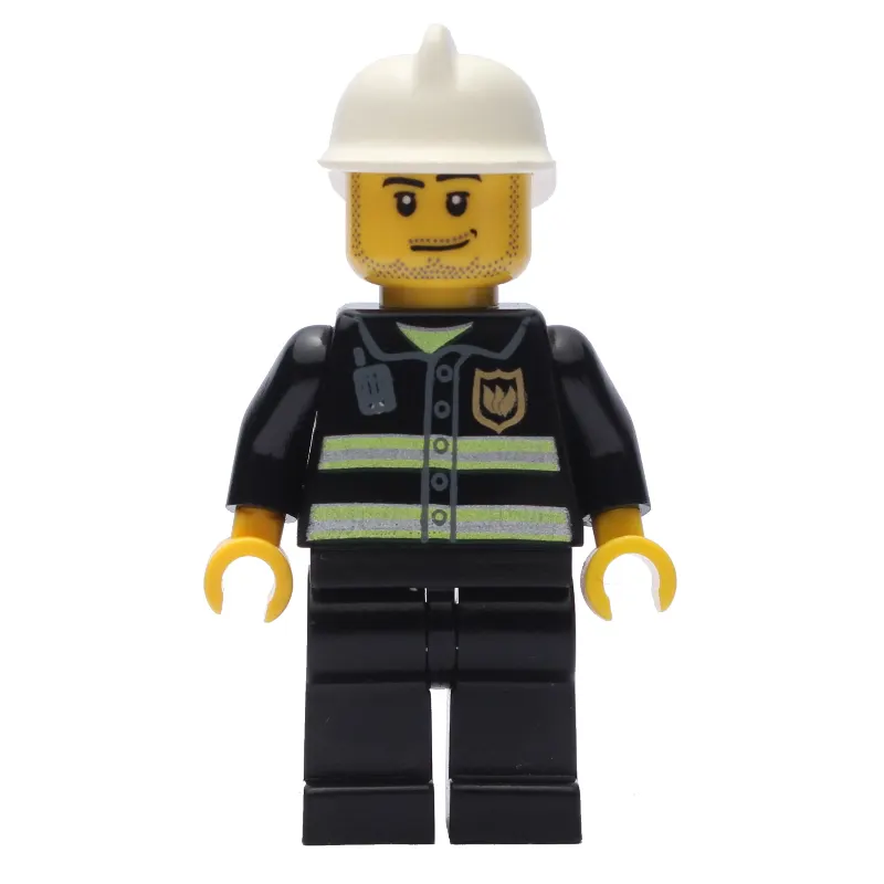 Fireman with Reflective Stripes and Radio, White Fire Helmet, and Beard Stubble