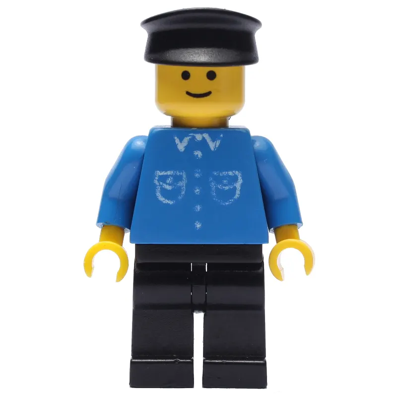 Man, Blue Shirt with Buttons and Pockets, Black Legs, Black Hat