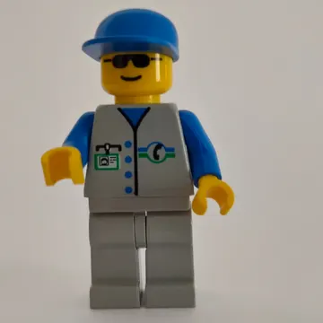 Repairman, Light Gray Vest with Phone Logo and ID Badge, Blue Cap, Sunglasses