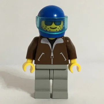 Man, Brown Jacket, Light Gray Legs, Blue Helmet with Visor, Blue Visor