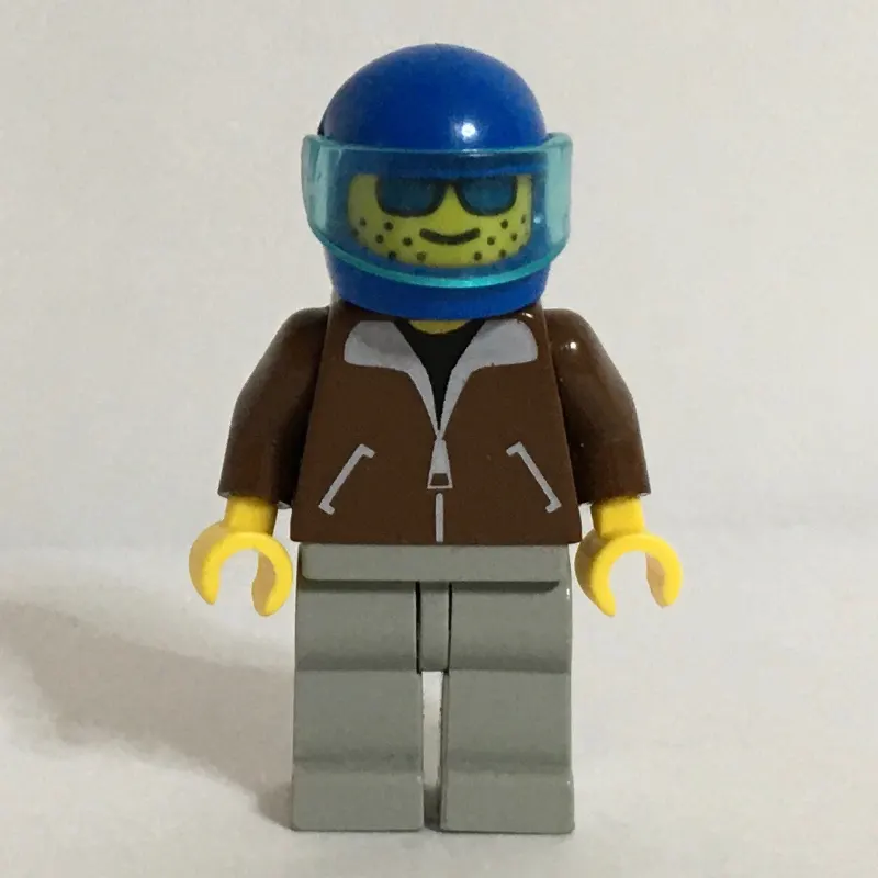 Man, Brown Jacket, Light Gray Legs, Blue Helmet with Visor, Blue Visor