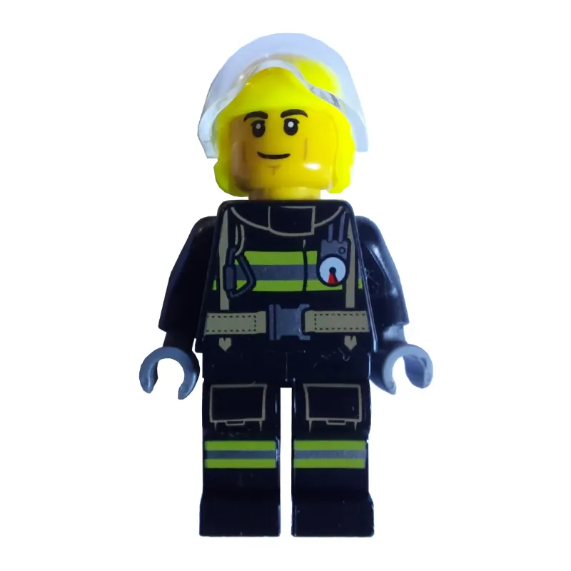 Firefighter, Black Fire Suit, Vibrant Yellow Helmet