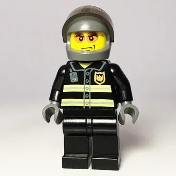 Fireman, Black Fire Jacket with Reflective Stripes, Radio, and Badge, Dark Bluish Gray Helmet with Visor, Orange Sunglasses