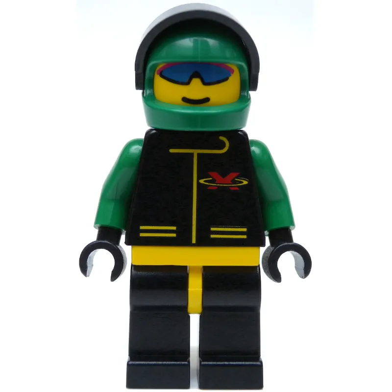 Racer, Extreme Team, Black Jacket, Black Legs, Green Helmet with Visor, Blue Sunglasses