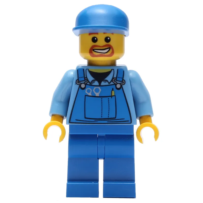 Construction Worker, Blue Overalls over Medium Blue Shirt, Blue Cap, Goatee Beard