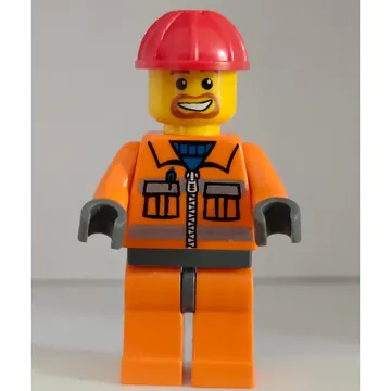 Construction Worker, Orange Jacket with Zipper and Reflective Stripes, Orange Legs, Red Hard Hat, Goatee Beard
