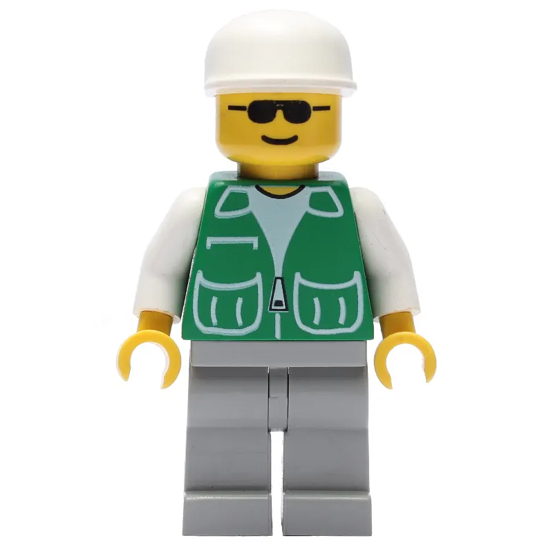 Man, Green Jacket, Light Gray Legs, White Cap, Sunglasses