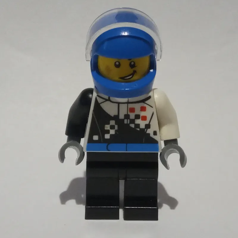 Racer, Black and White Jumpsuit, Blue Helmet with Visor, Scar
