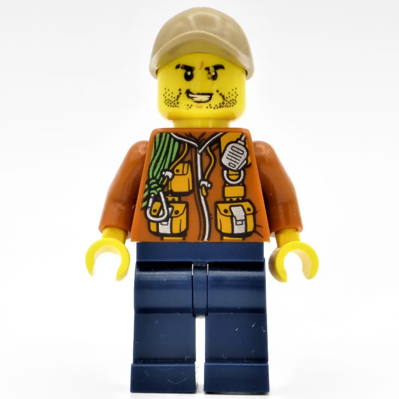 Explorer, Jacket with Pouches, Radio, and Rope, Dark Tan Cap, Stubble and Clenched Teeth
