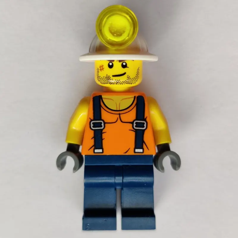 Miner, Orange Vest with Suspenders, Mining Hat, Stubble and Scar
