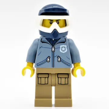 Policeman, Sand Blue Jacket with Pockets and 'POLICE' on Back, Dark Blue Dirt Bike Helmet with Goggles