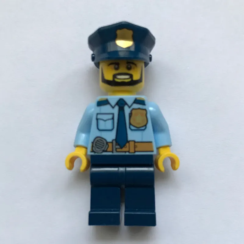 Policeman Captain Ember, Bright Light Blue Shirt with Radio and Badge, Dark Blue Legs, Police Hat with Badge, Beard