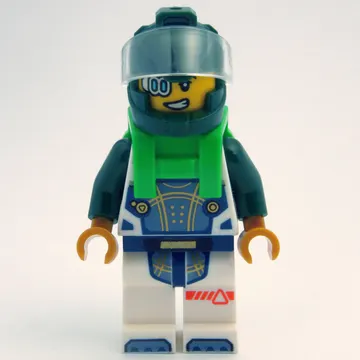 Astronaut, White Spacesuit, Bright Green Backpack, Dark Green Helmet, Eyepiece