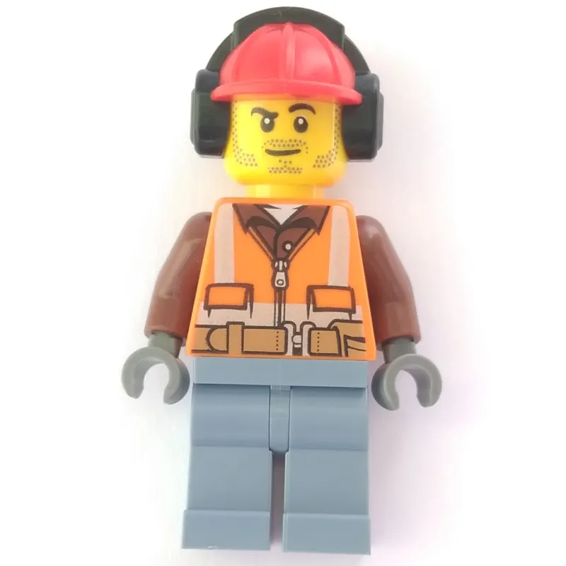 Construction Worker, Orange Safety Vest with Zipper over Reddish Brown Shirt, Sand Blue Legs, Red Hard Hat with Ear Defenders, Stubble