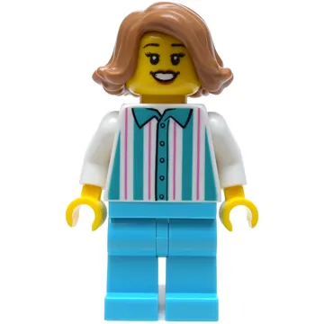 Woman, Shirt with White and Dark Turquoise Stripes, White Legs, Medium Nougat Hair