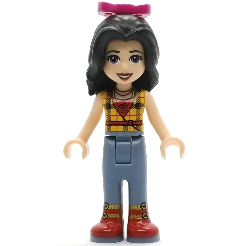 Vicky - Yellow Plaid Shirt, Sand Blue Trousers, Magenta Bow