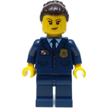 Policewoman, Dark Blue Suit and Tie, Dark Brown Bun Hair