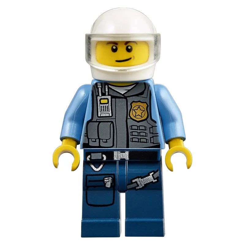 Policeman in Vest with Gold Badge, Radio, and Pockets. White Helmet with Trans-Clear Visor