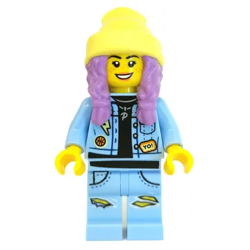 Parker L. Jackson, Bright Light Blue Denim Jacket, Bright Light Yellow Beanie Hat, Medium Lavender Hair