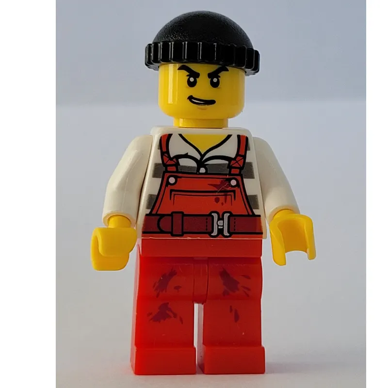 Criminal Joe Frankfurter, Red Overalls over Prison Shirt, Black Hat