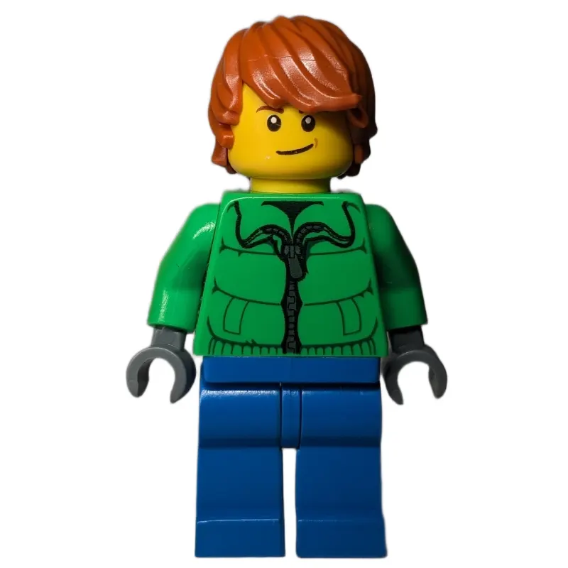 Man, Bright Green Jacket, Blue Legs