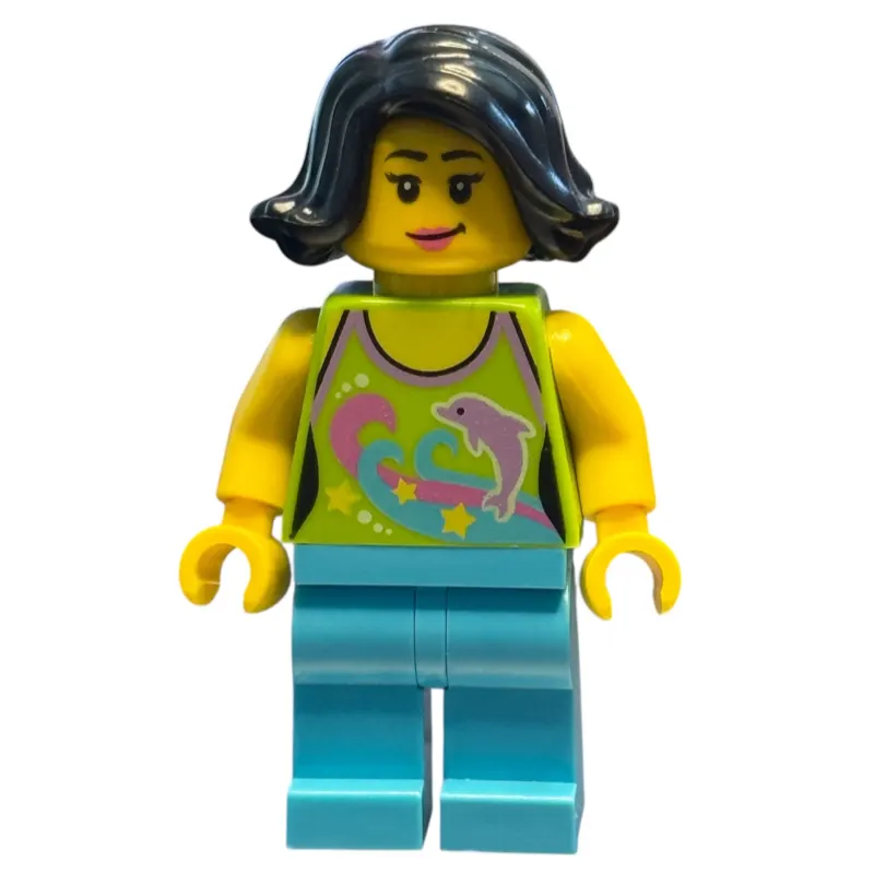Woman, Lime Halter Top with Dolphins, Medium Azure Legs, Black Hair