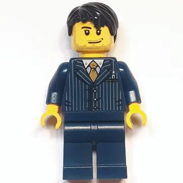 Man, Dark Blue Pinstripe Suit with Gold Tie, Black Hair