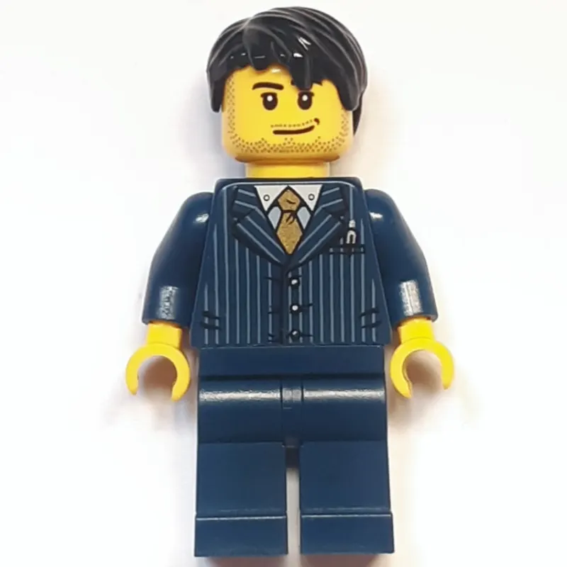 Man, Dark Blue Pinstripe Suit with Gold Tie, Black Hair