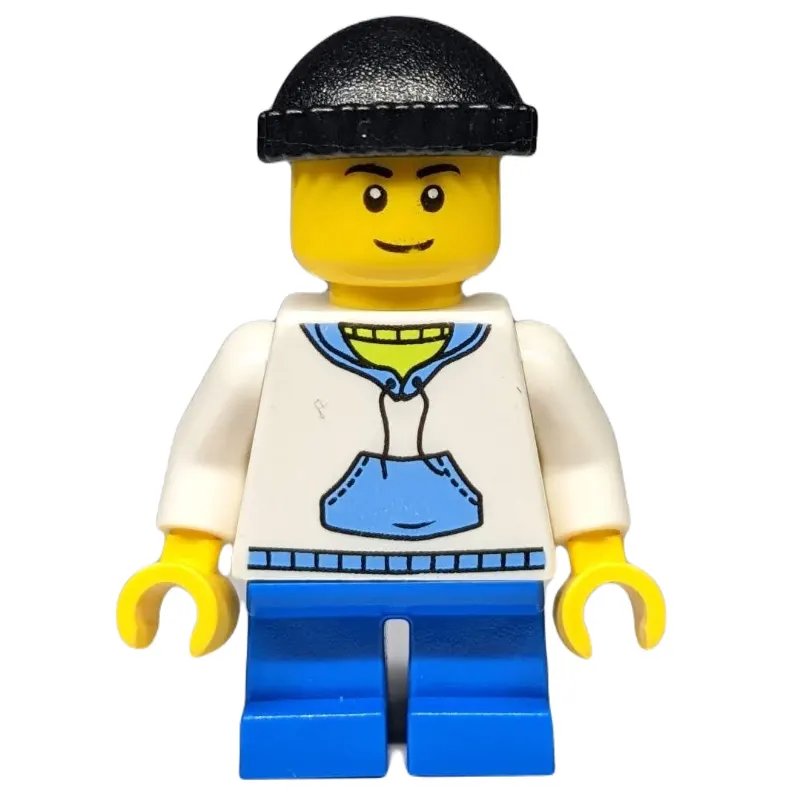 Boy, White and Blue Hoodie, Short Blue Legs, Black Hat