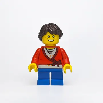 Girl, Cardigan Tied with Bow, Necklace, Short Blue Legs, Dark Brown Hair