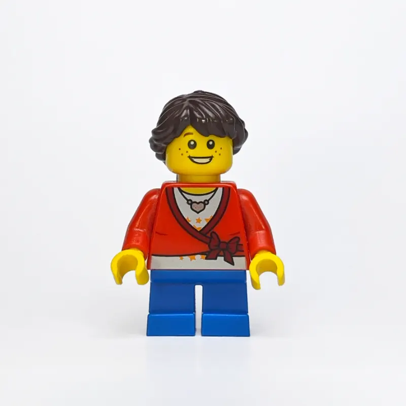Girl, Cardigan Tied with Bow, Necklace, Short Blue Legs, Dark Brown Hair